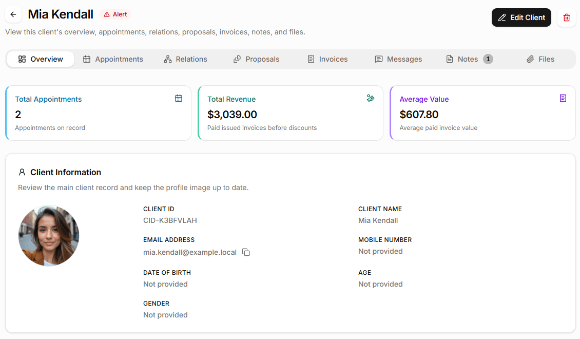 Client profile showing linked appointment history, invoices, and contact details